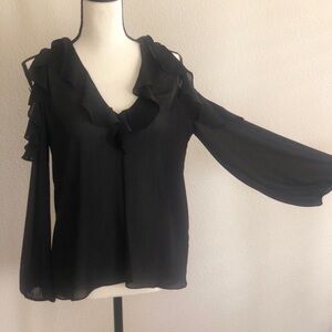 Alice + Olivia Sheer Ruffled Top, Sexy Ooen  Shoulder, Navy, Oversized